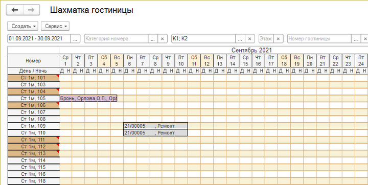 Номера, закрытые на ремонт, отображаются в шахматке гостиницы серым цветом.