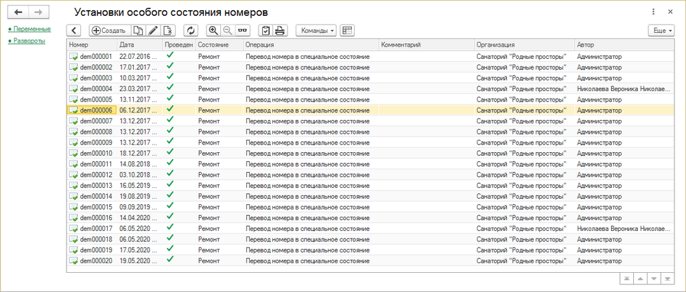 Журнал документов «Установка состояния номера»