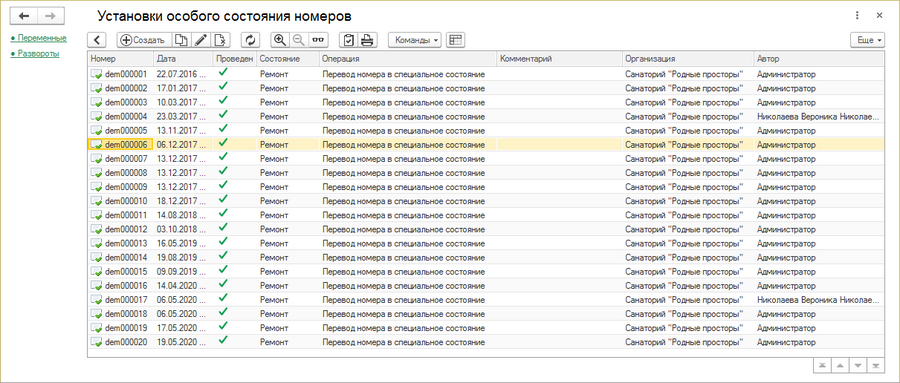 Журнал документов «Установка состояния номера»
